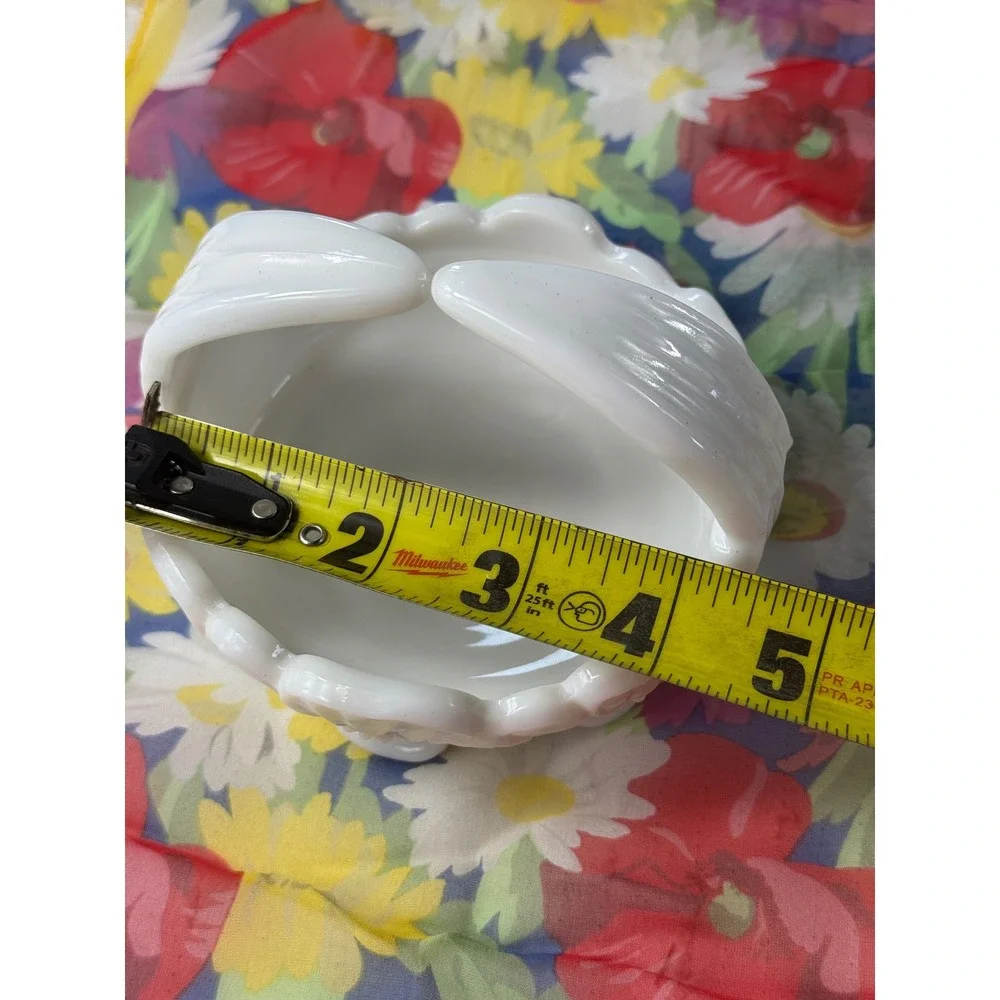 Vintage White Milk Glass Floral Embossed Basket Trinket Dish Candy Bowl